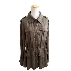 Aqua Jacket L Dark-Olive Safari Military Epaulettes Button-Front Mid-Length